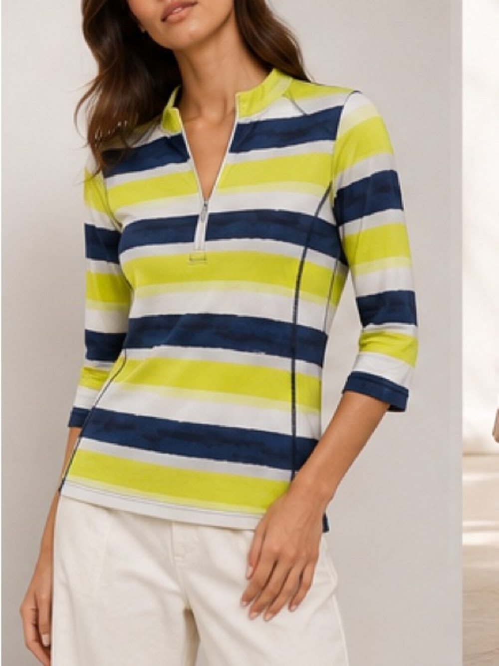 Ralph Lauren Striped V-Neck quarter zip Top in Yellow, Navy & White